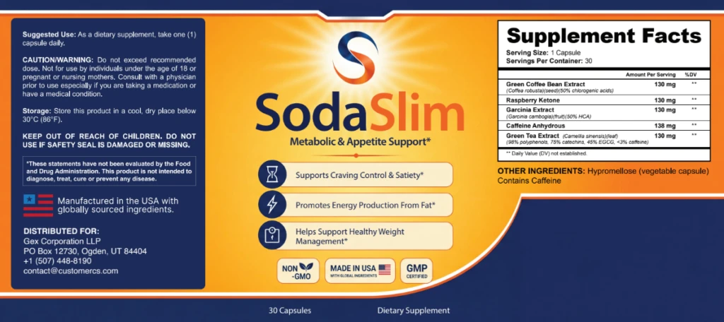 SodaSlim supplement facts, usage instructions and product label